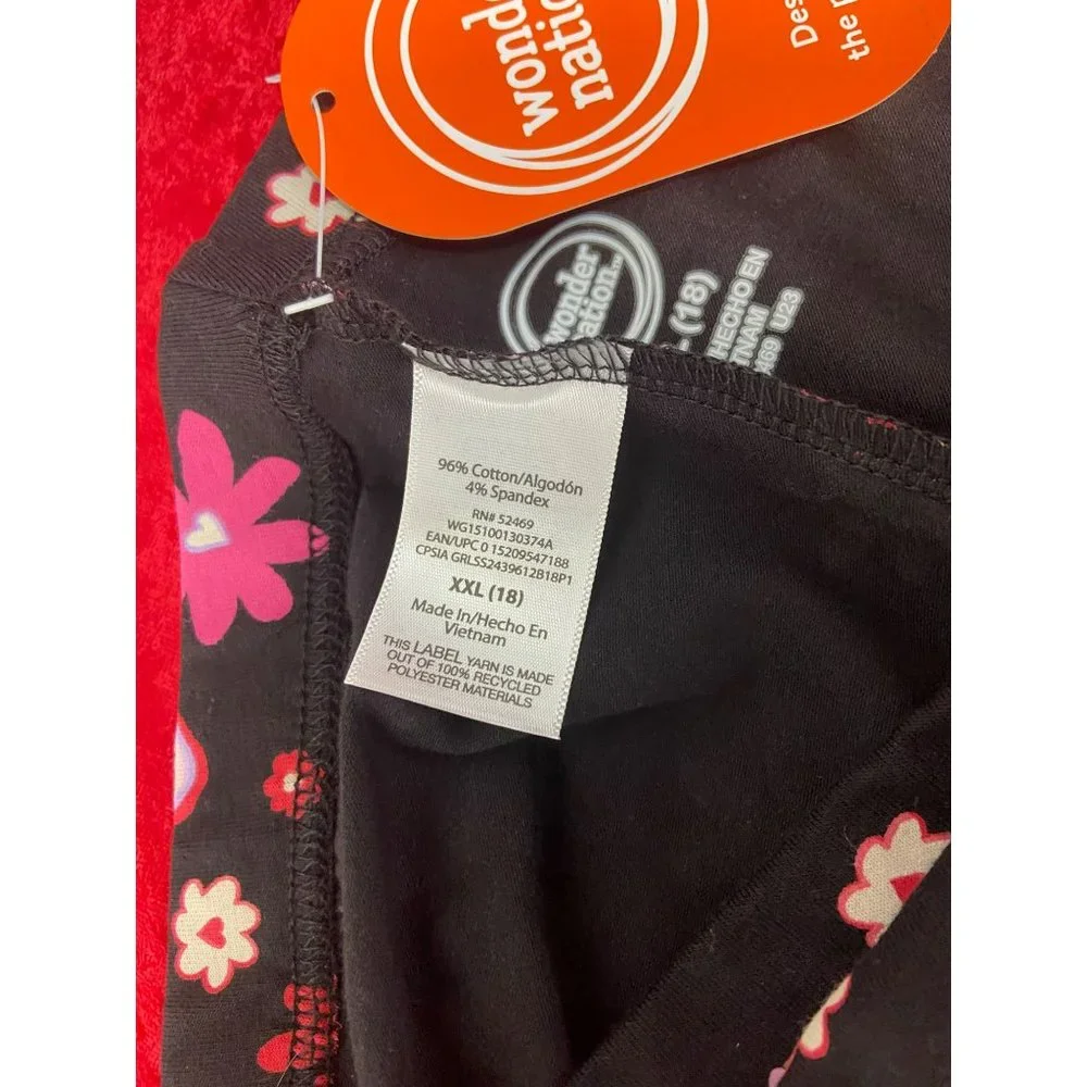 Wonder Nation Girls Black Floral‎ Hearts Valentines Day Leggings, Size XXL(18)